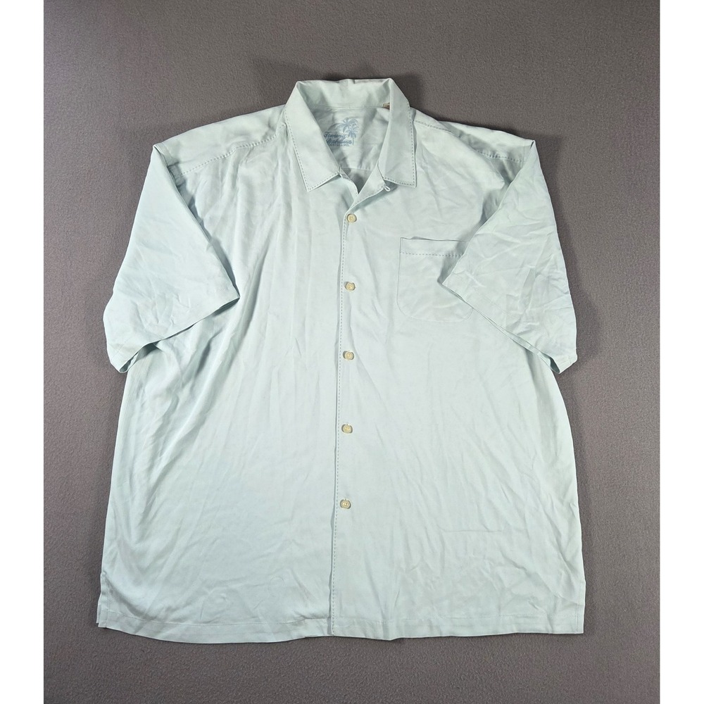 Tommy Bahama Shirt Mens 2XL Blue Silk Solid Hawaiian Loop Collar Camp Beach